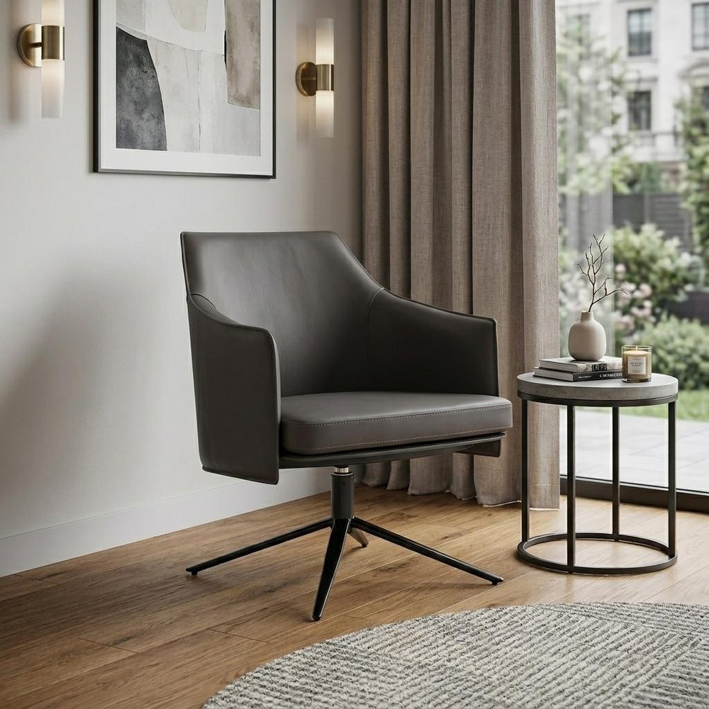 26" Gray and Black Faux Leather Swivel Lounge Chair HomeRoots