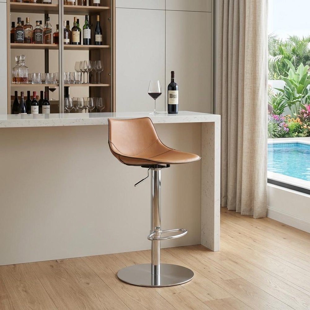 Terra Cotta And Silver Faux Leather And Steel Low Back Bar Height Swivel Bar Chair HomeRoots
