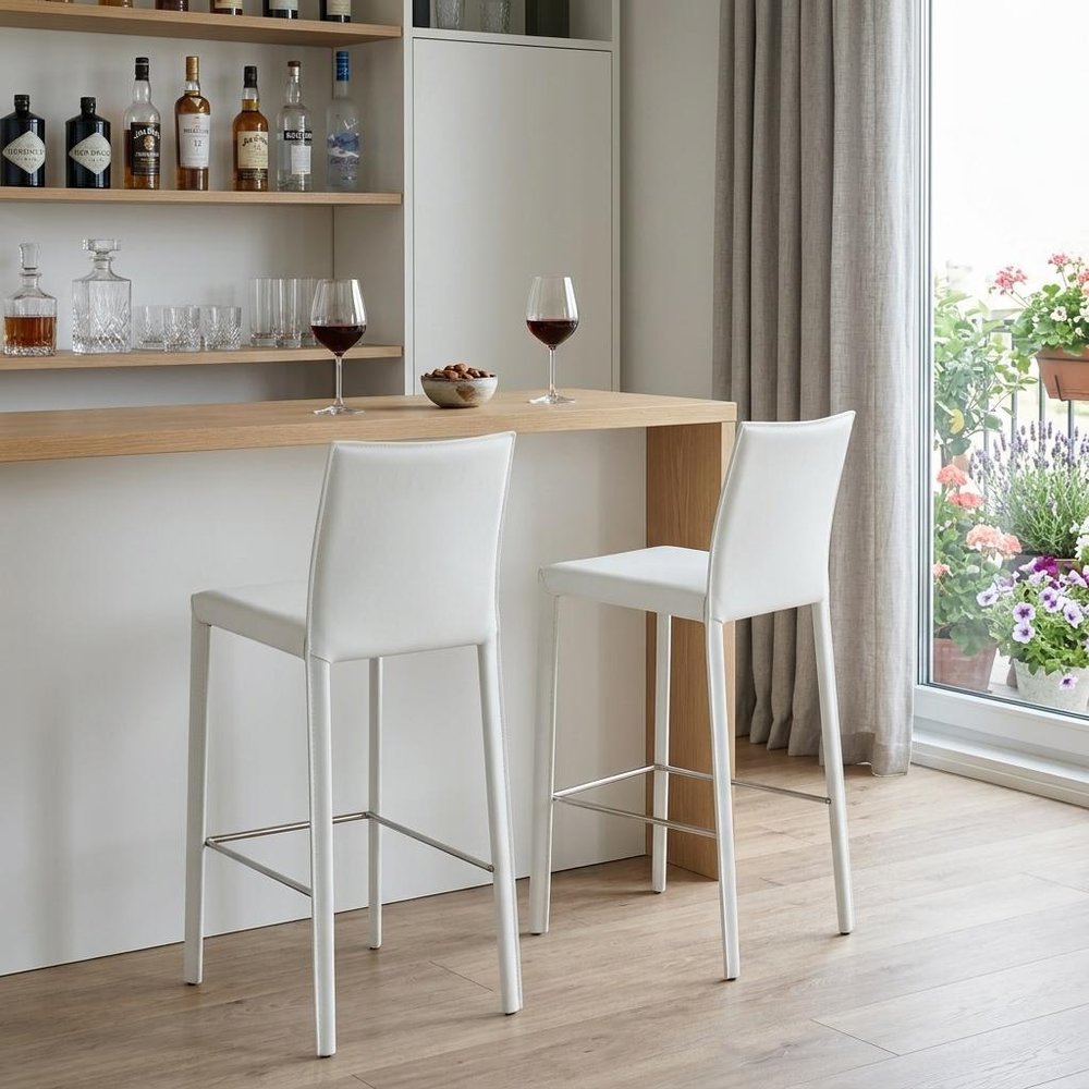 Set of Two 30" White Faux Leather And Steel Low Back Bar Height Bar Chairs HomeRoots