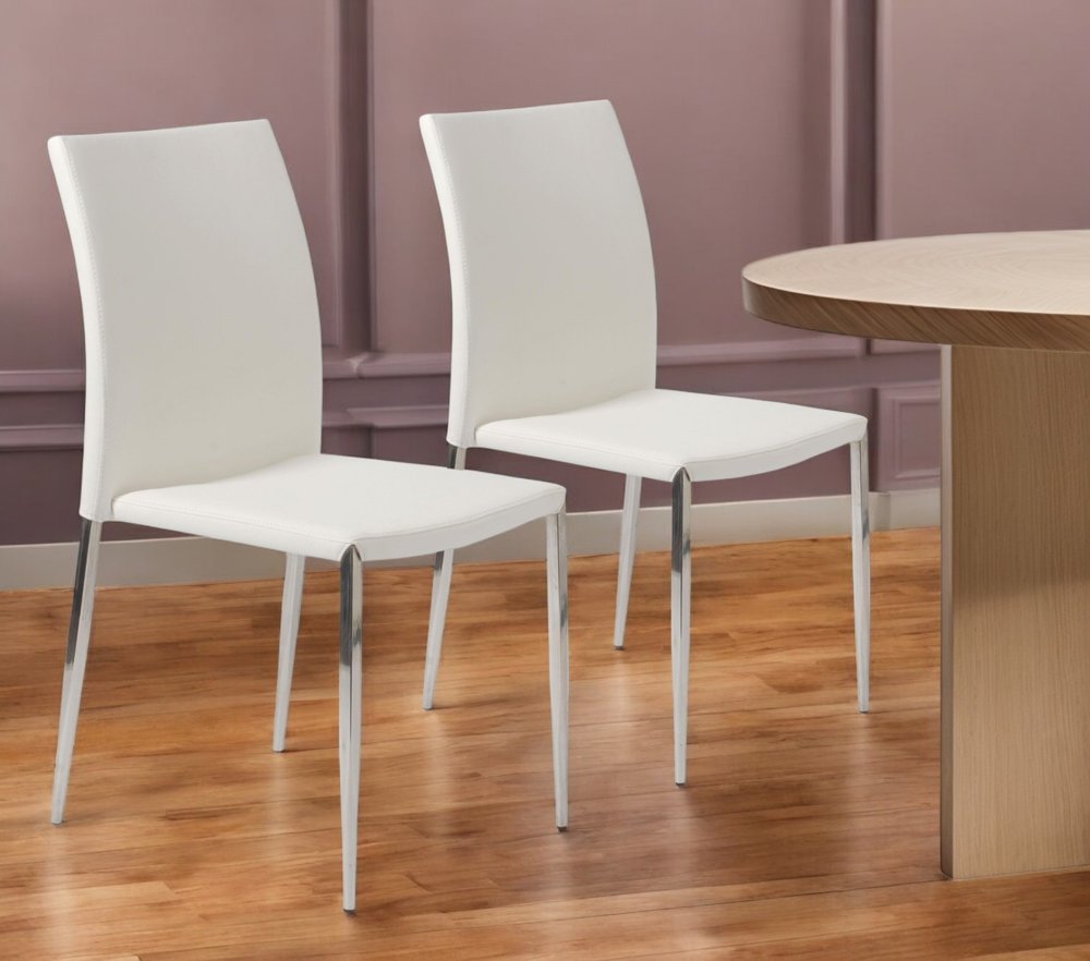 Set of Two White and Silver Upholstered Faux Leather Dining Side Chairs HomeRoots