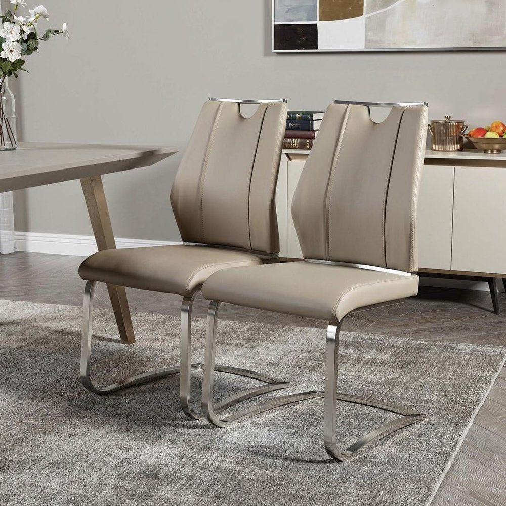 Set of Two Taupe and Silver Upholstered Leather Dining Side Chairs HomeRoots