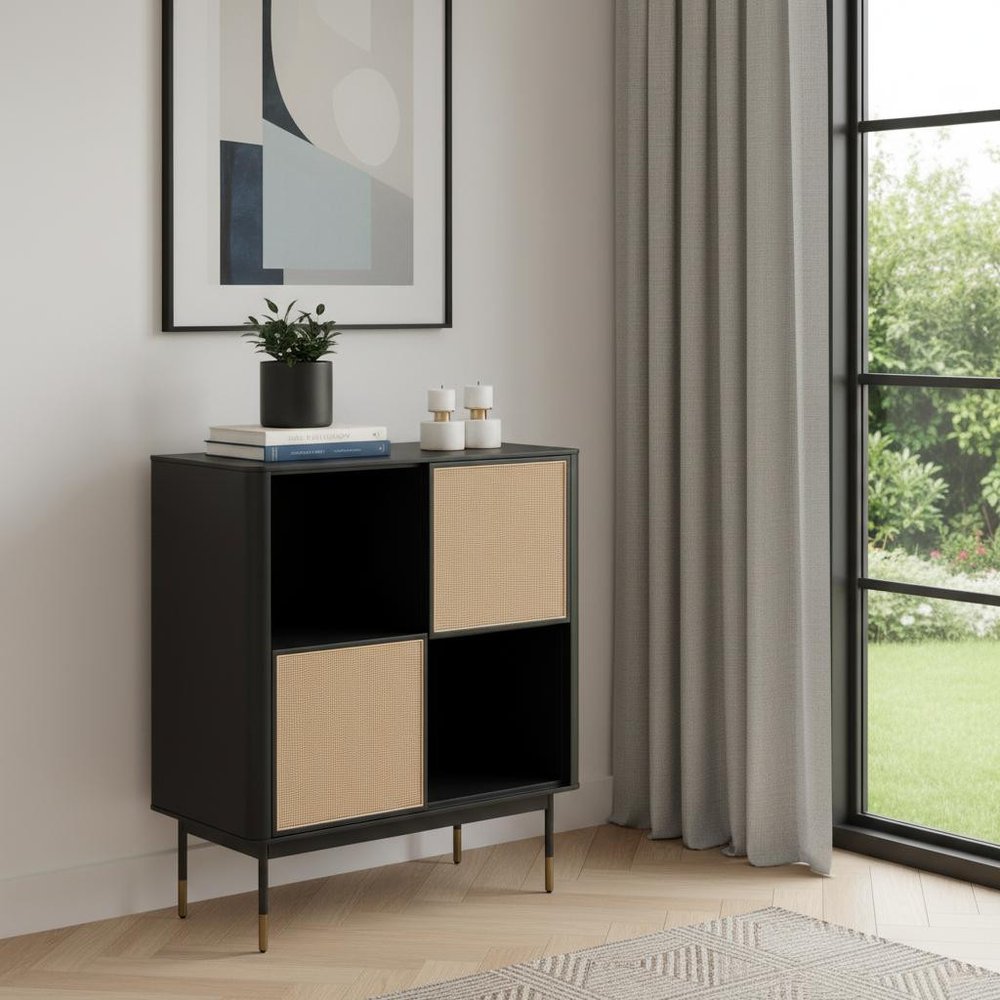Black Wood and Wicker Accent Cabinet HomeRoots