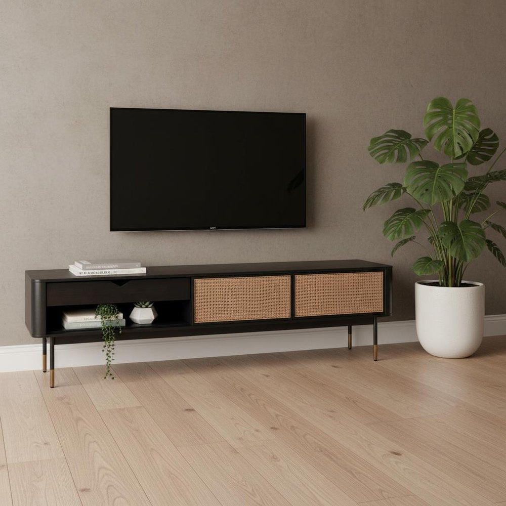 Black Wood and Wicker Media Stand HomeRoots