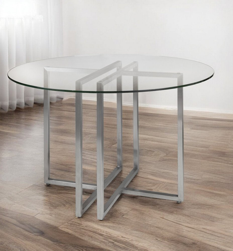 42" Clear And Silver Rounded Glass And Metal Trestle Base Dining Table HomeRoots