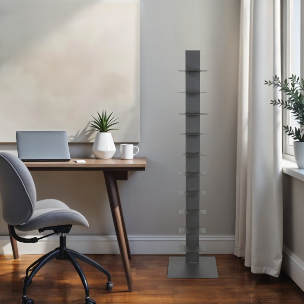 60" Dark Gray Metal Ten Shelf Modern Tower Bookcase HomeRoots