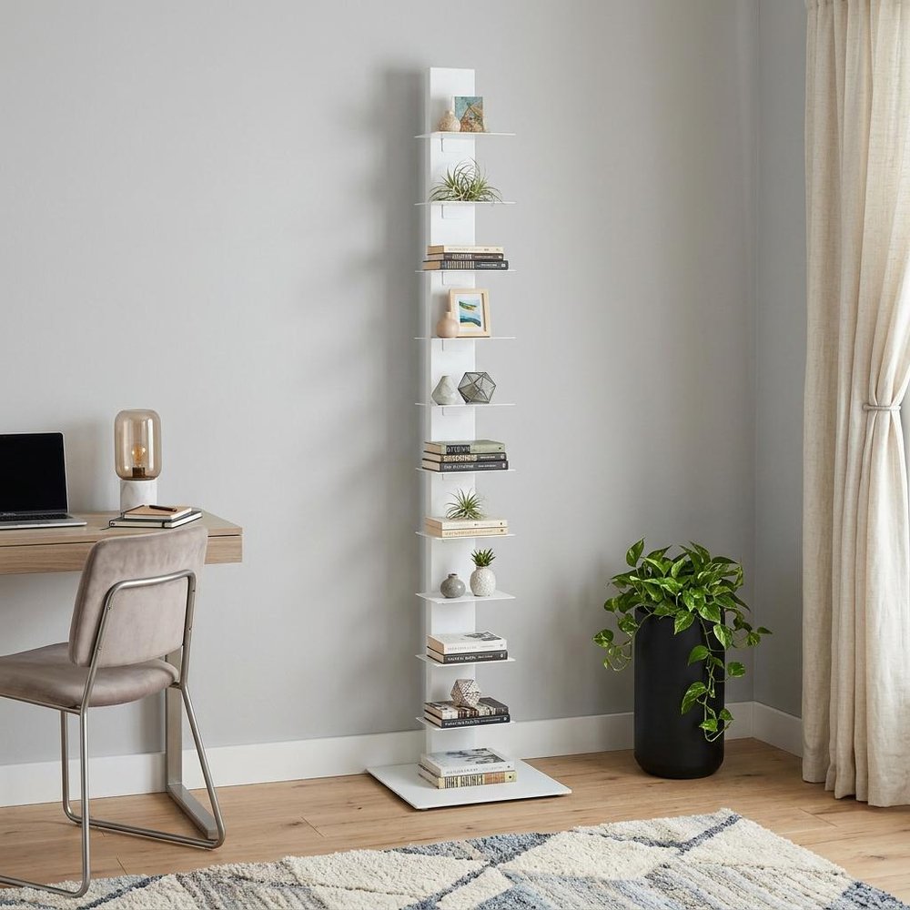 60" White Metal Ten Shelf Modern Tower Bookcase HomeRoots