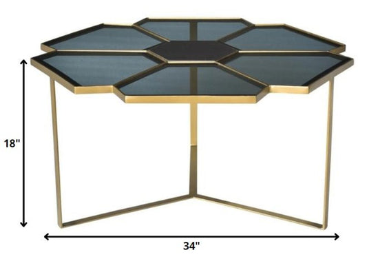 34" Black and Gold Glass and Iron Free Form Frame Coffee Table HomeRoots