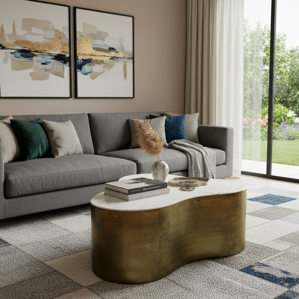 39" White And Brass Genuine Marble And Iron Free Form Solid Coffee Table HomeRoots