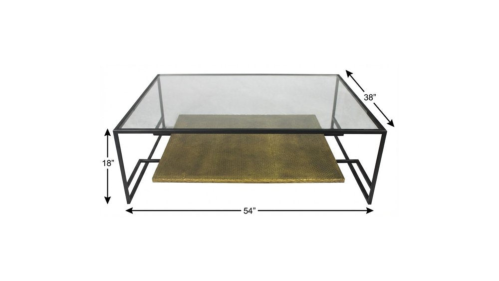 54" Clear and Black Glass and Iron Floor Shelf Coffee Table With Shelf HomeRoots