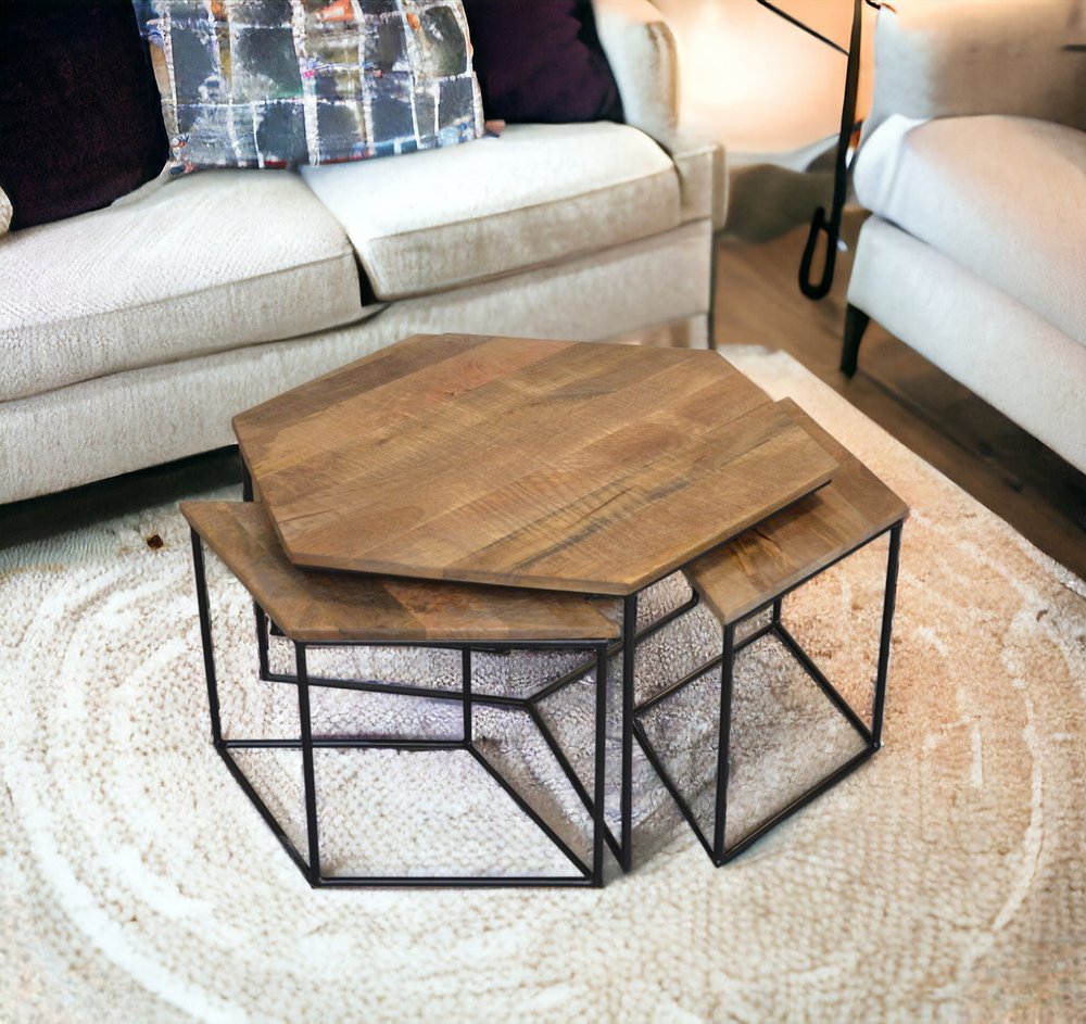 Set of Four Brown and Black Solid Wood and Iron Free Form Distressed Frame Nested Coffee Tables HomeRoots
