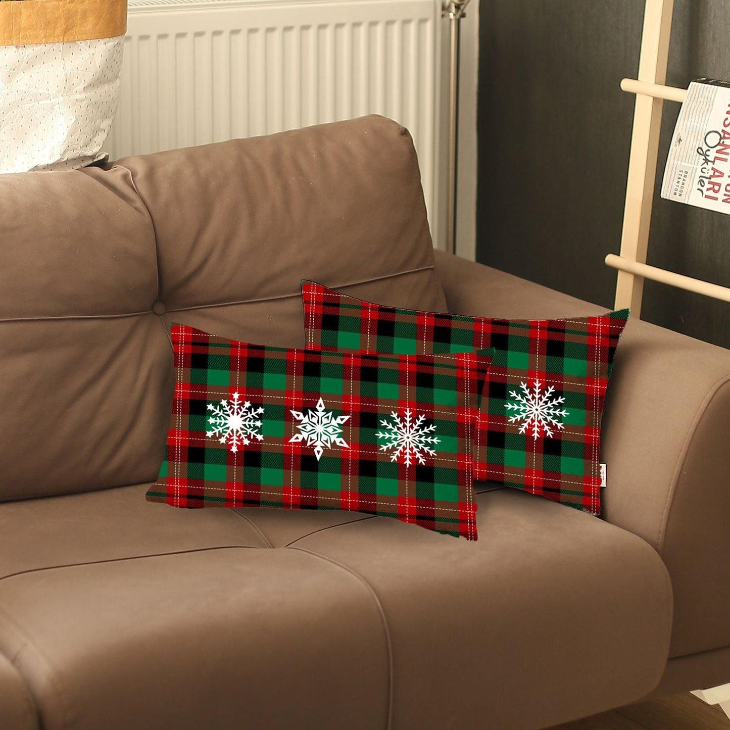 Set of 2 Christmas Snowflake Trio Plaid Lumbar Throw Pillows FurniFindUSA