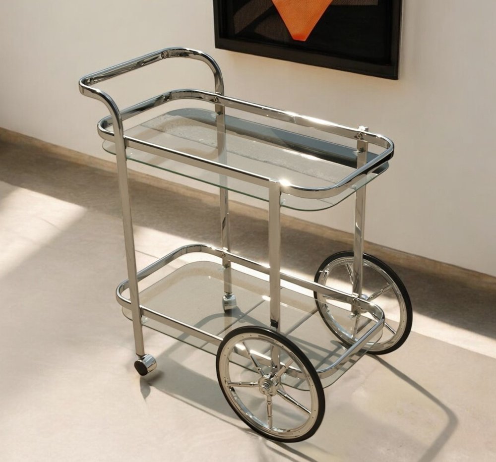 28" Silver Metal And Glass Rolling Trolley Bar Cart HomeRoots
