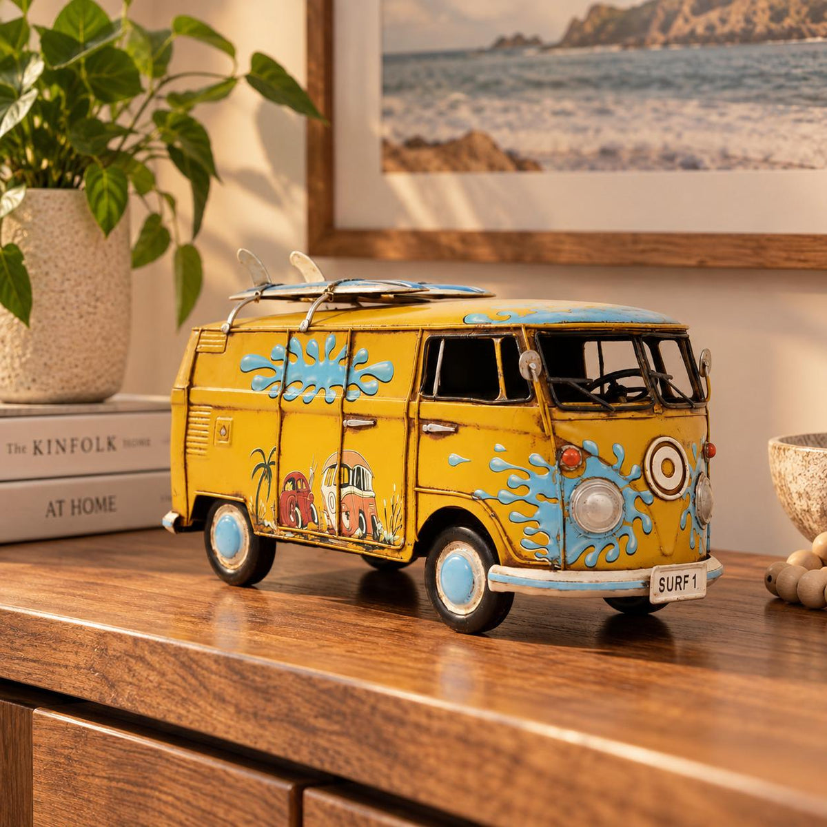 8" Blue and Yellow Metal Hand Painted c1967 Volkswagen Deluxe Model Car HomeRoots