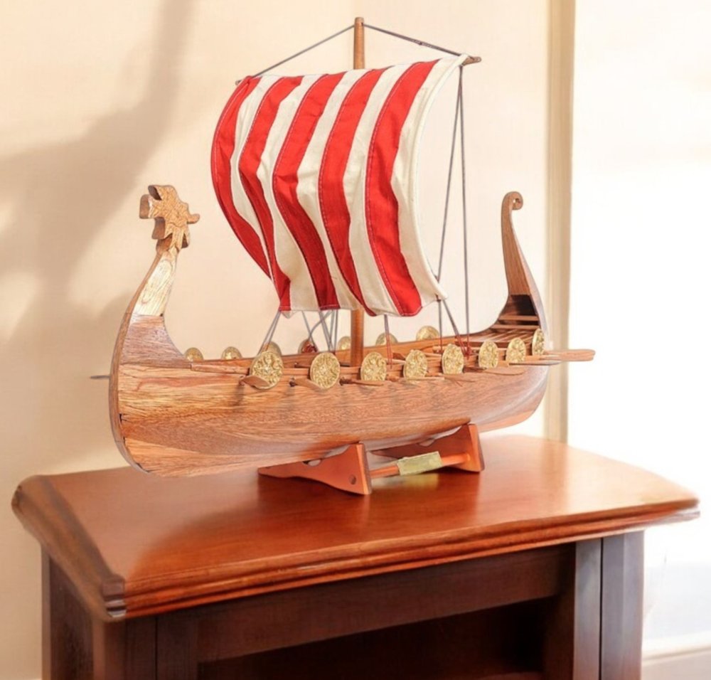 20" Wood Brown Solid Wood Hand Painted Model Boat Tabletop Sculpture HomeRoots