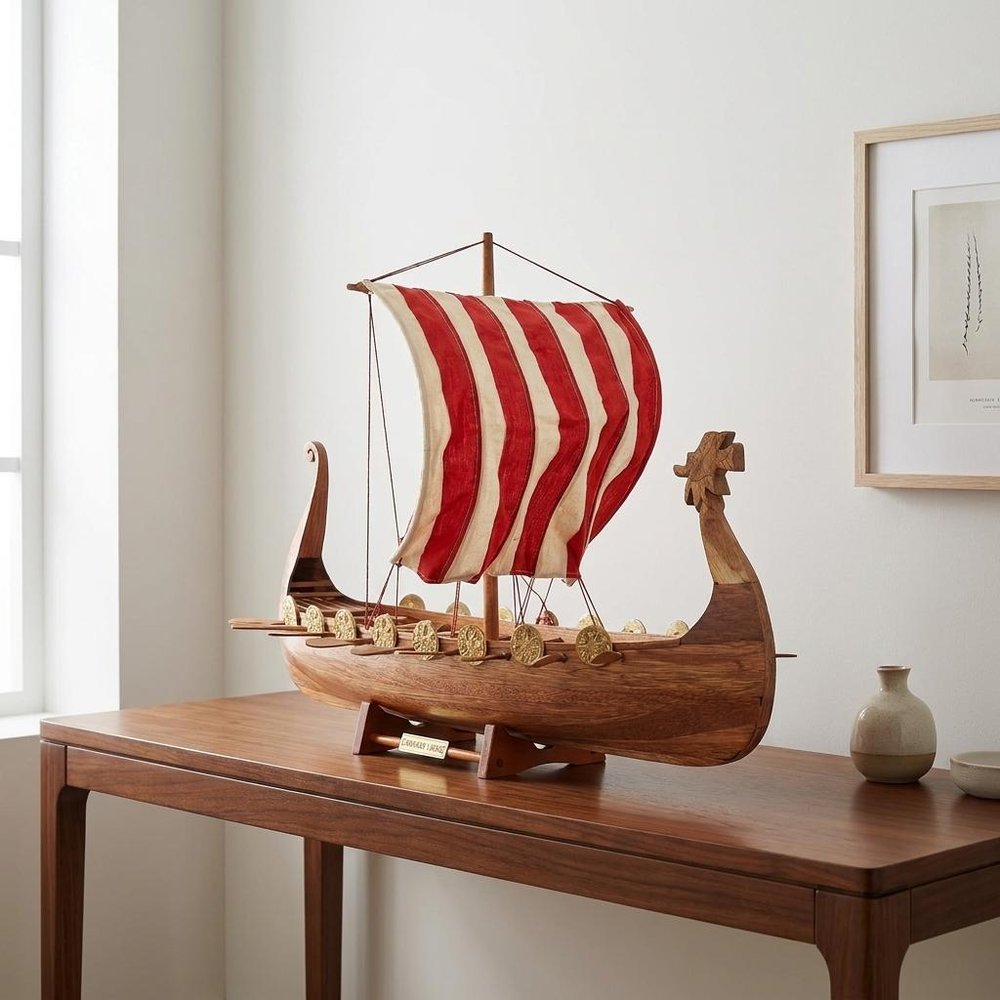 20" Wood Brown Solid Wood Hand Painted Model Boat Tabletop Sculpture HomeRoots