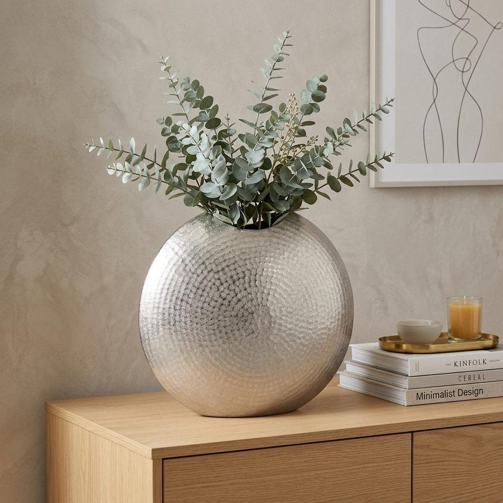 14" Silver Hammered Round Aluminum Table Vase HomeRoots