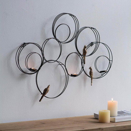 32" Black And Gold Metal Circles And Birds Hanging Sculpture With Votive Holders