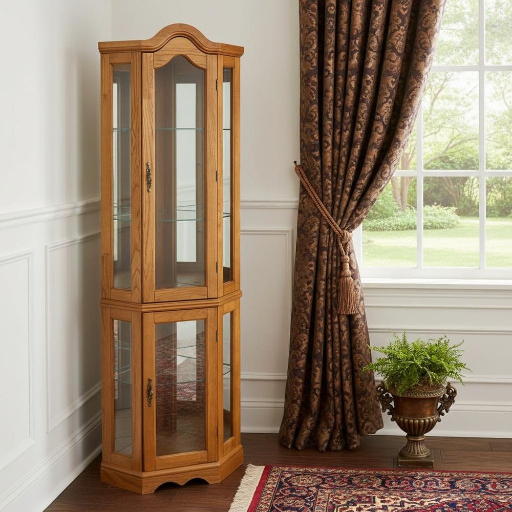 Golden Oak Scallop Top Lighted Corner Curio Cabinet HomeRoots