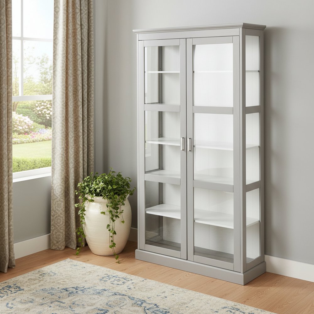 Gray Cornice Molding Double Door Curio Cabinet HomeRoots