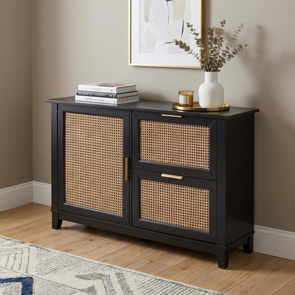 50" Black Solid Wood Two Drawer Sideboard HomeRoots