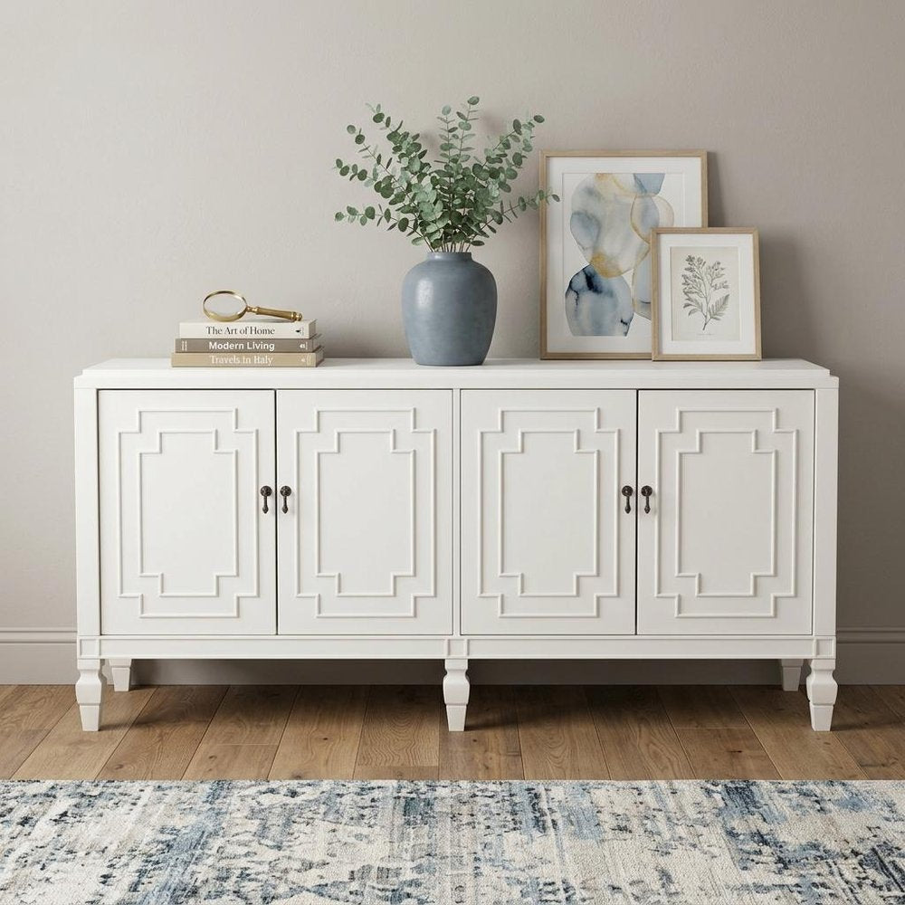 64" White Solid Wood Sideboard with Four Doors HomeRoots