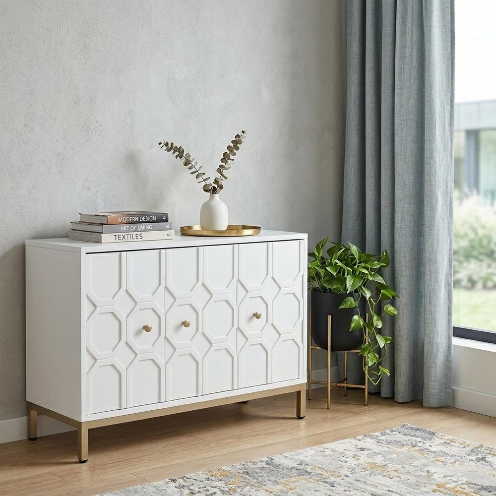 59" White and Gold Sideboard with Three Doors HomeRoots