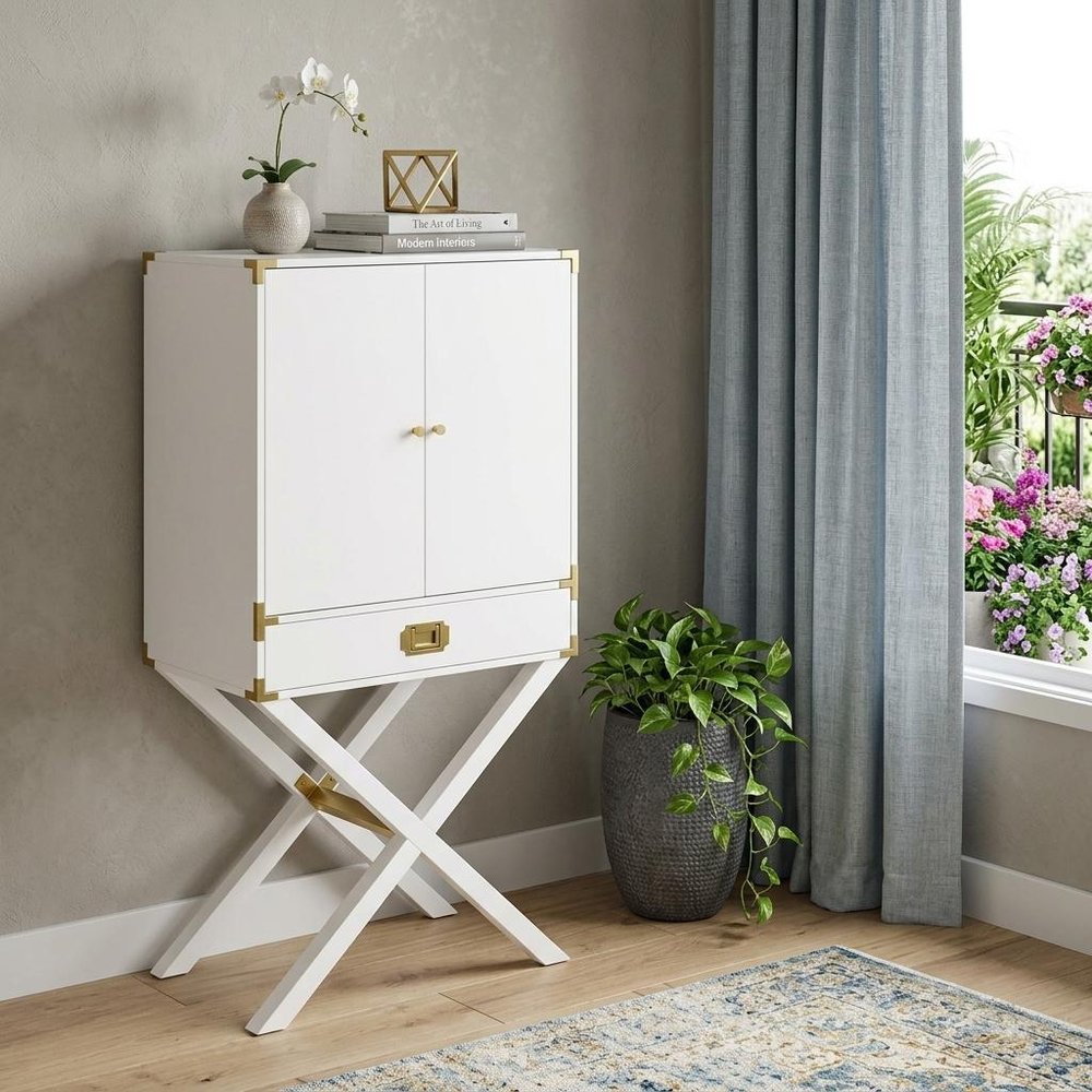 30" White Corner Display Stand With One Shelf And One Drawer HomeRoots