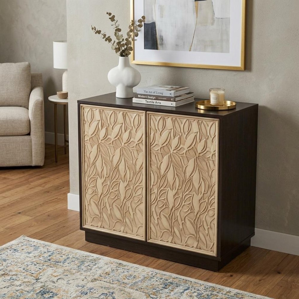 32" Dark Brown And Natural Carved Floral Sideboard with Two Doors HomeRoots