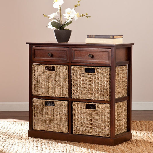 Mahogany and Seagrass Basket Storage Shelving Unit HomeRoots