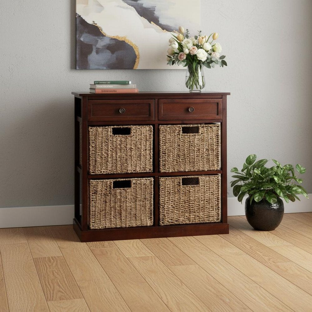 Mahogany and Seagrass Basket Storage Shelving Unit HomeRoots