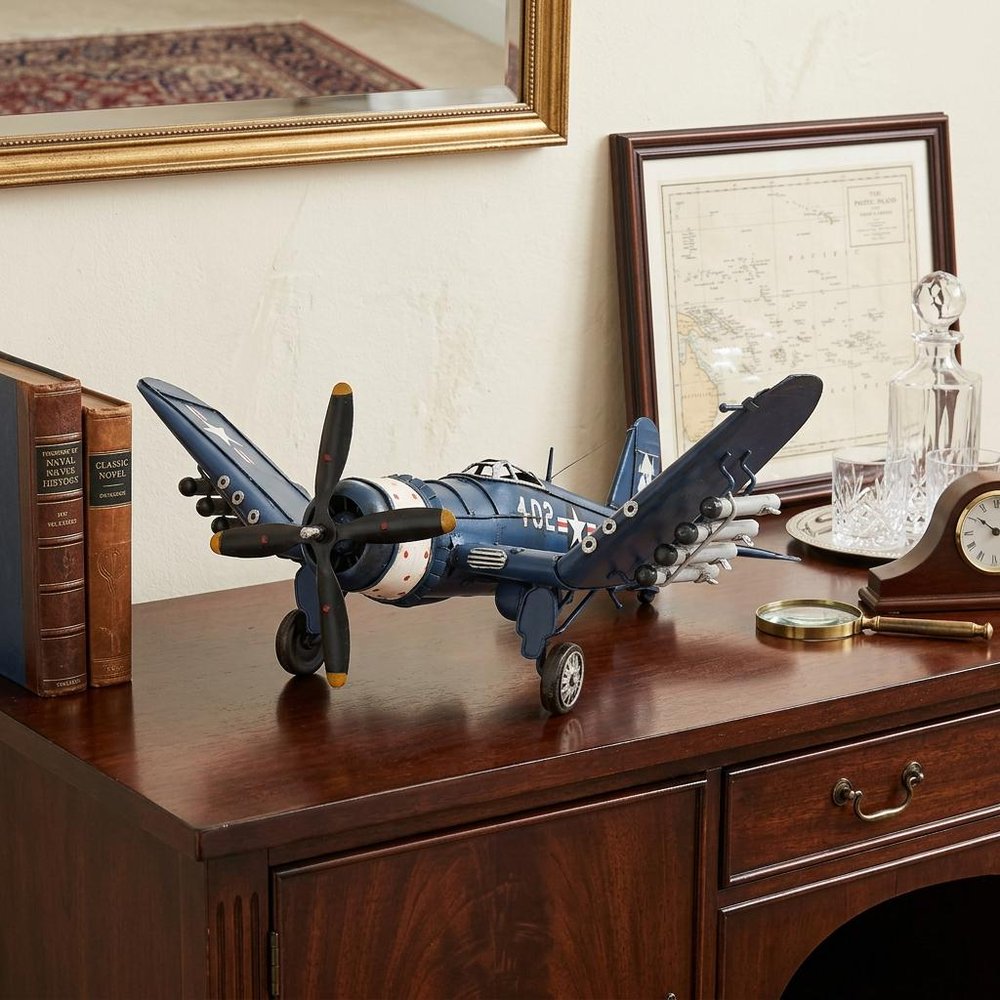6" Blue Metal Hand Painted Model Airplane Tabletop Sculpture HomeRoots