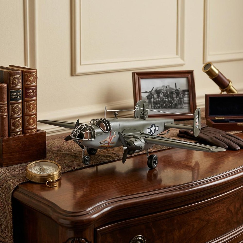 4" Gray and White Metal Hand Painted c1941 North American B-25 Mitchell Bomber Model Airplane HomeRoots