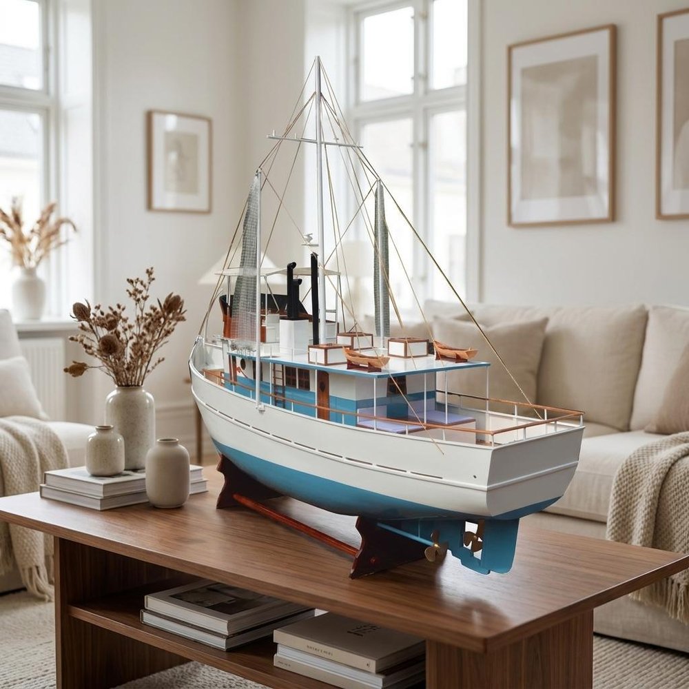110" Blue And White Solid Wood Hand Painted Model Boat HomeRoots