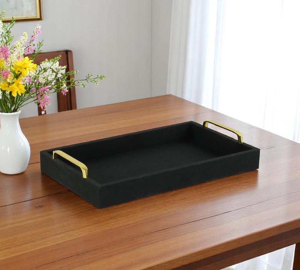 16" Black Wood And Linen Serving Tray With Handles HomeRoots