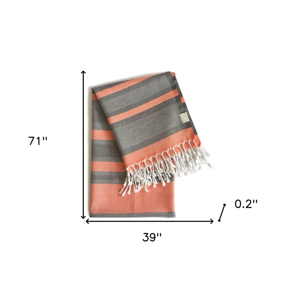 Peach and Dark Grey Striped Design Turkish Beach Blanket HomeRoots