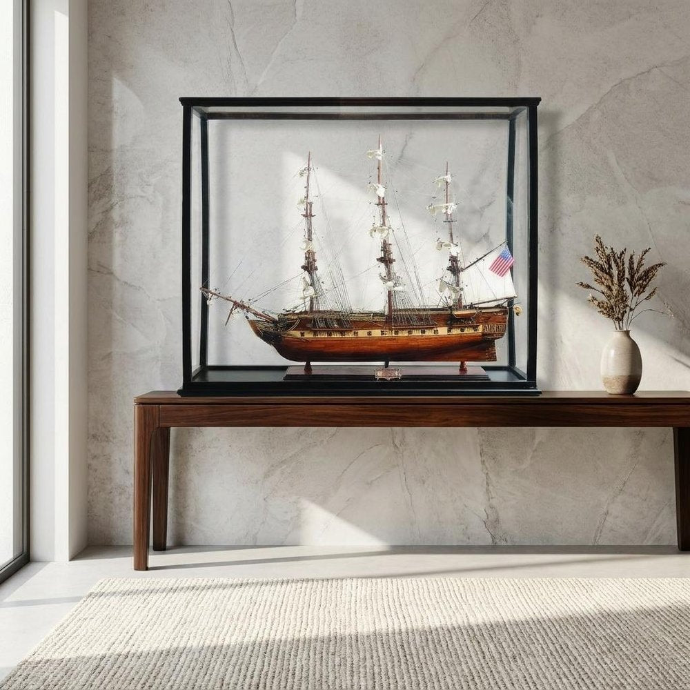 69" Solid Wood Hand Painted 1797 USS Constitution Large Floor Display Case Model Boat HomeRoots
