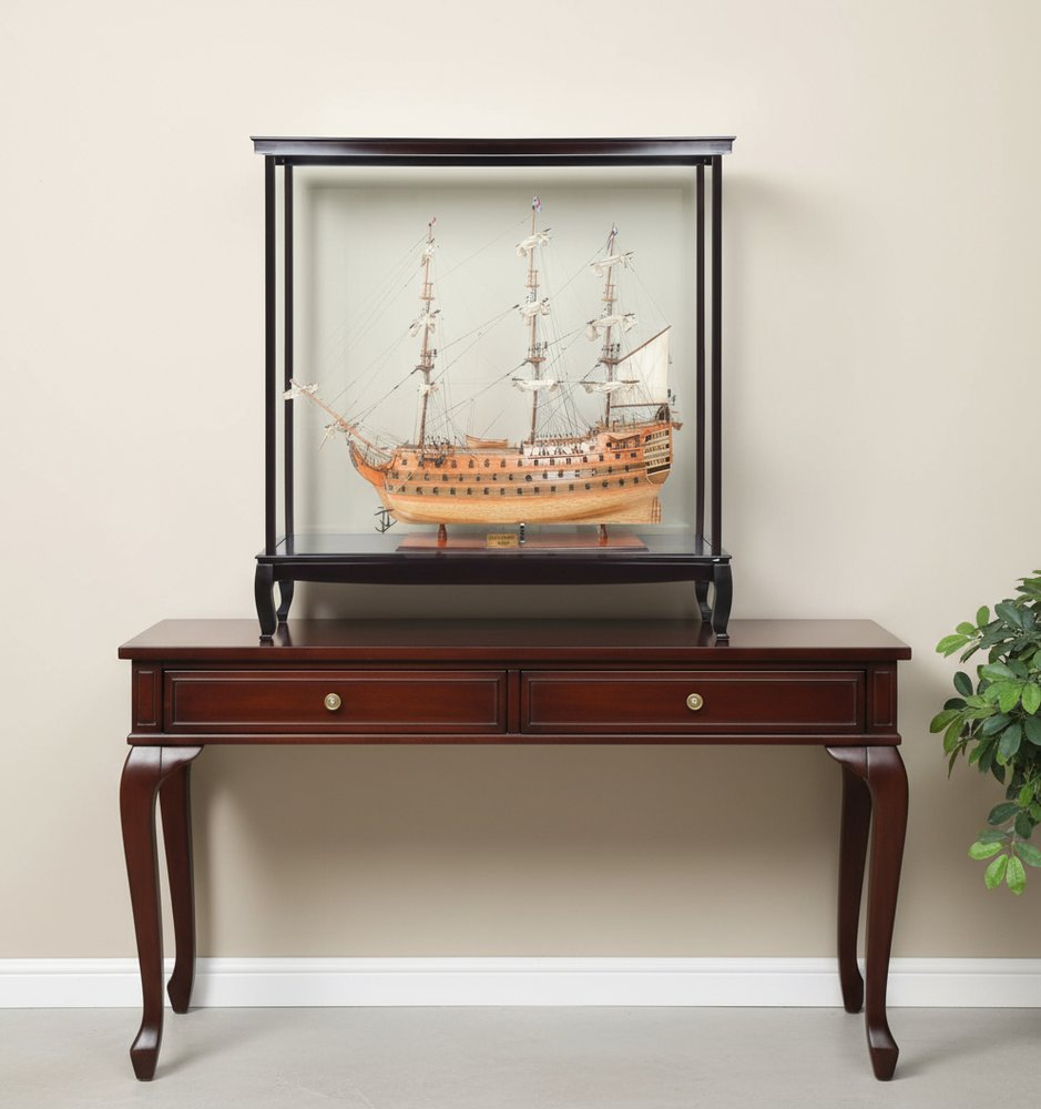 75" Black And Light Brown Solid Wood HMS Victory Boat Tabletop Sculpture With Case HomeRoots