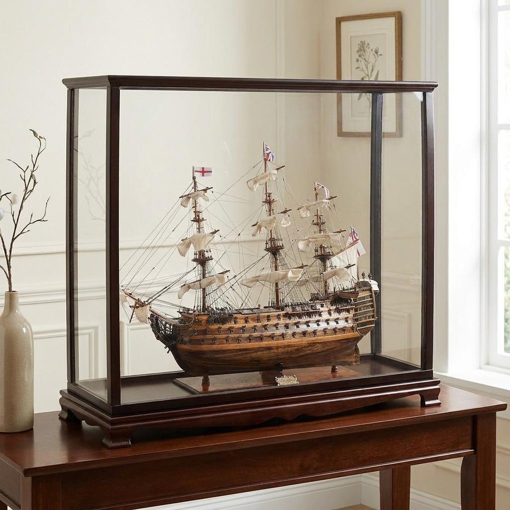 32" Wood Brown Solid Wood Hand Painted HMS Victory Medium Display Case Model Boat HomeRoots