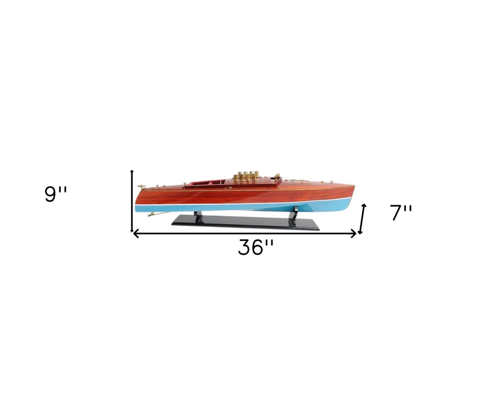9" Blue and Brown Solid Wood Hand Painted Model Boat Tabletop Sculpture HomeRoots