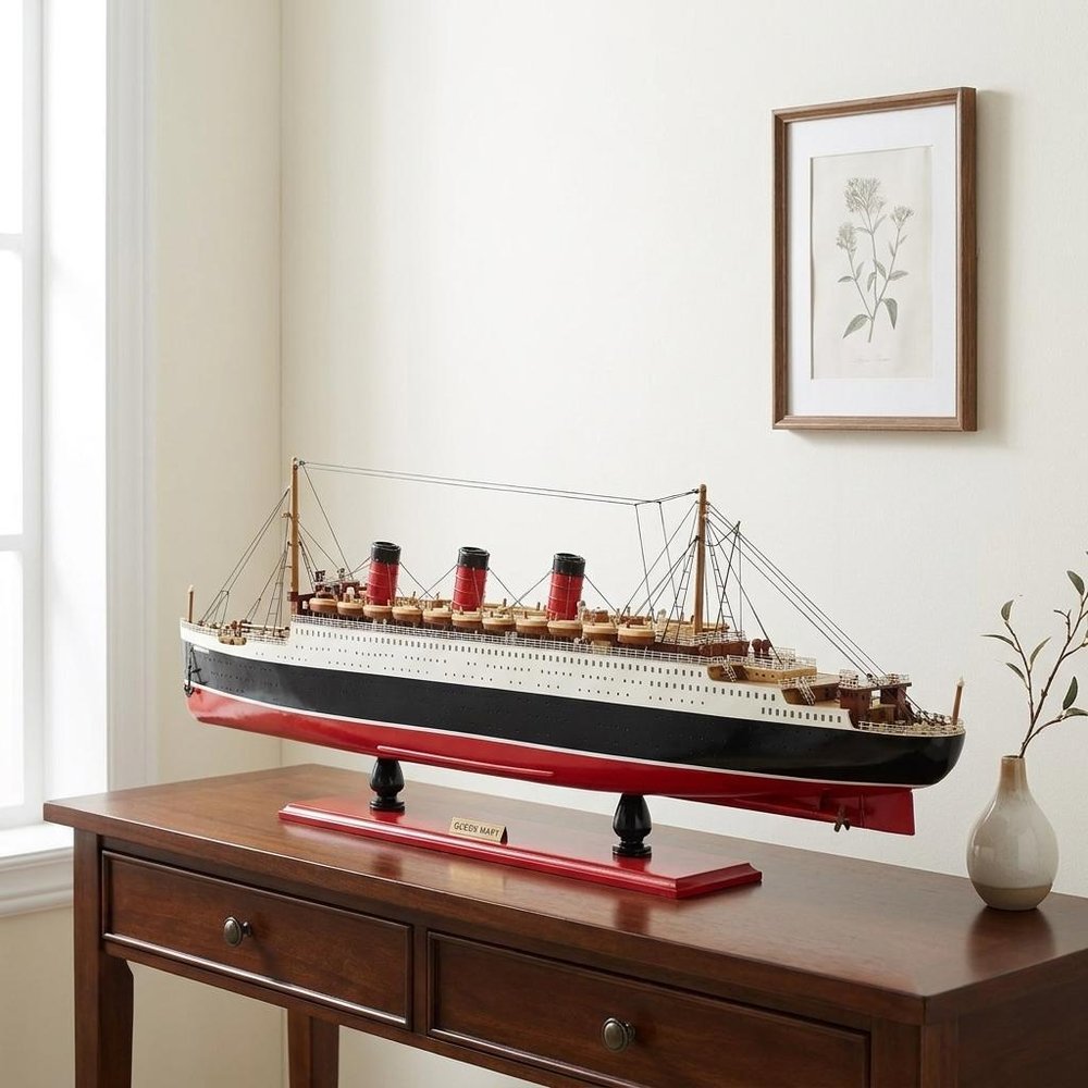 12" Black And Red Solid Wood Hand Painted Boat Model Boat HomeRoots