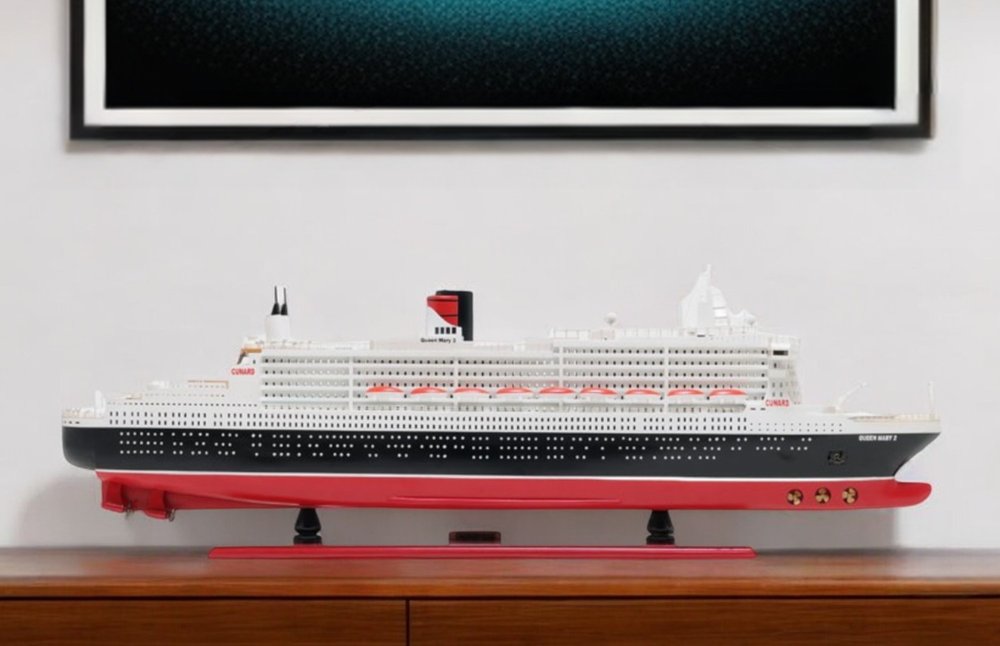 13" Black and Red RMS Queen Mary II Large Boat Hand Painted Decorative Boat HomeRoots