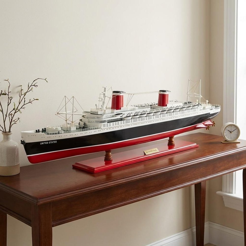 9" Black and Red Solid Wood Hand Painted SS United States 1952 Model Boat HomeRoots