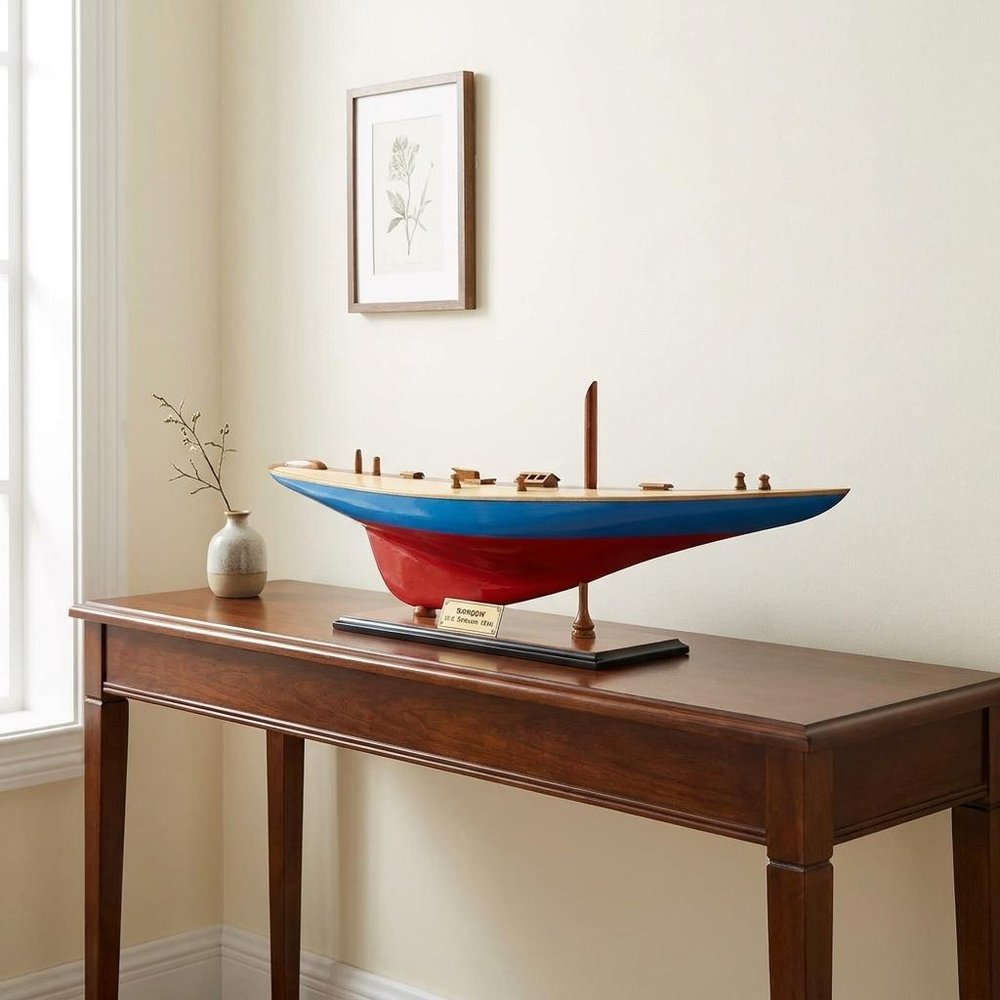 12" Blue and Red Solid Wood Hand Painted Rainbow Half-Hull Model Boat