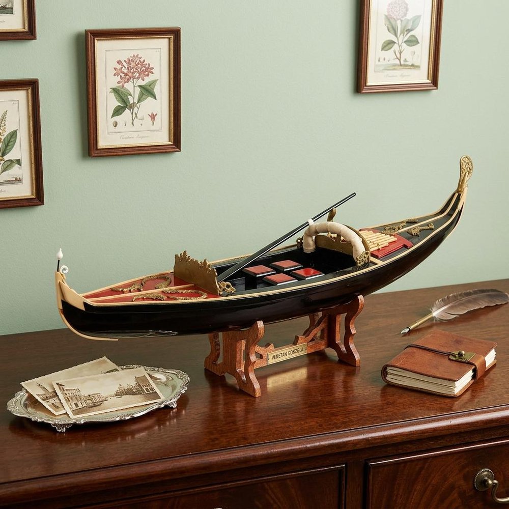 8" Black and Red Venetian Gondola Hand Painted Decorative Boat HomeRoots