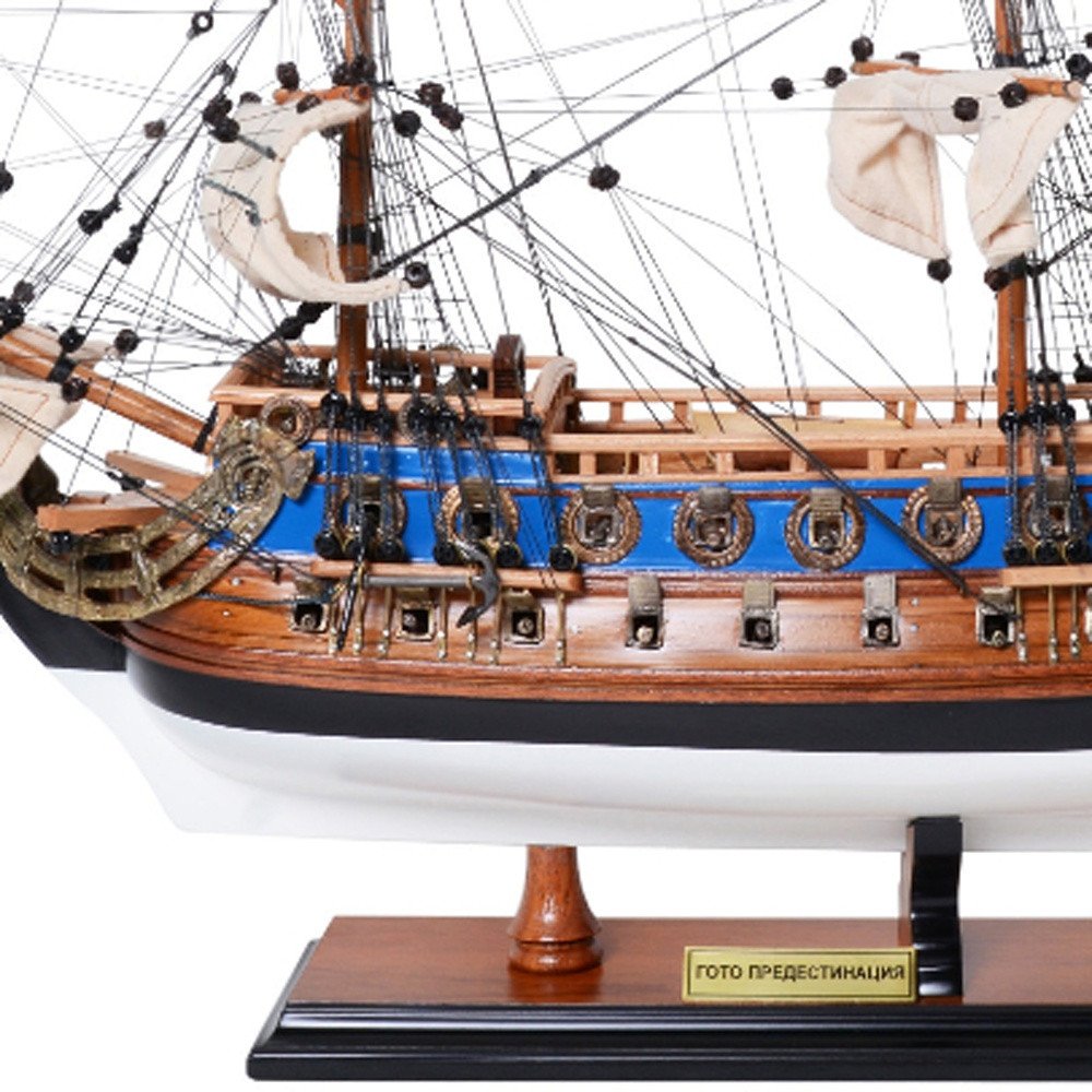 22" Blue and Brown Solid Wood Hand Painted 1700 Goto Predestination Medium Model Boat HomeRoots