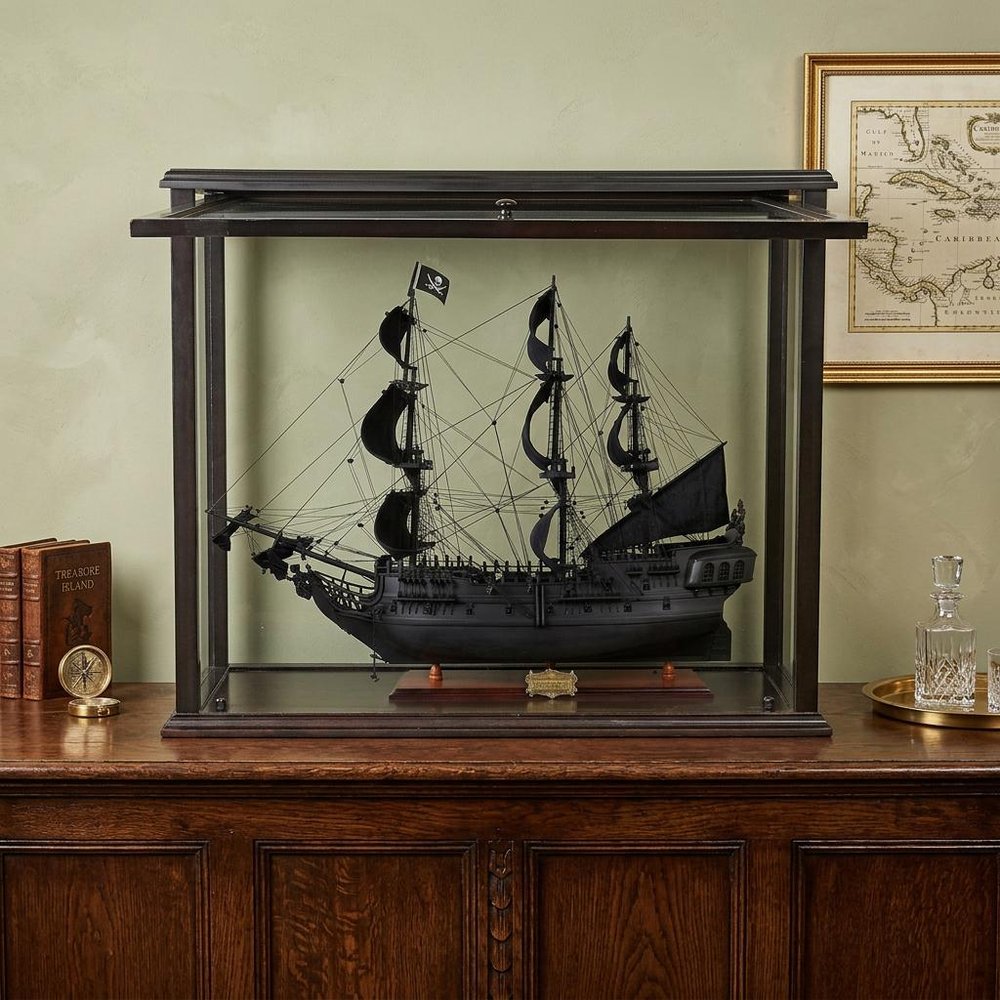 30" Black Solid Wood Hand Painted Black Pearl Pirate Medium Open Display Case Model Boat HomeRoots