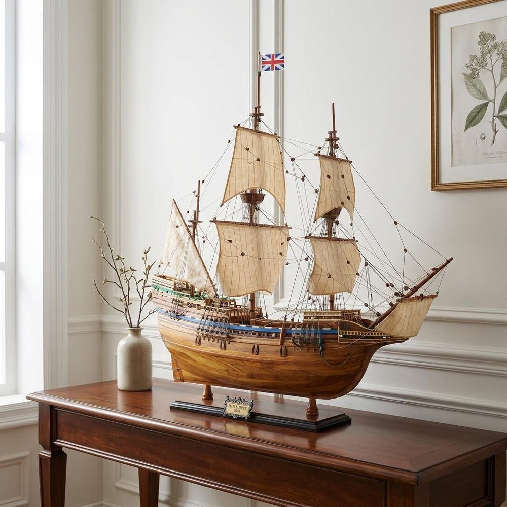 30" Wood Brown Mayflower Boat Hand Painted Decorative Boat HomeRoots