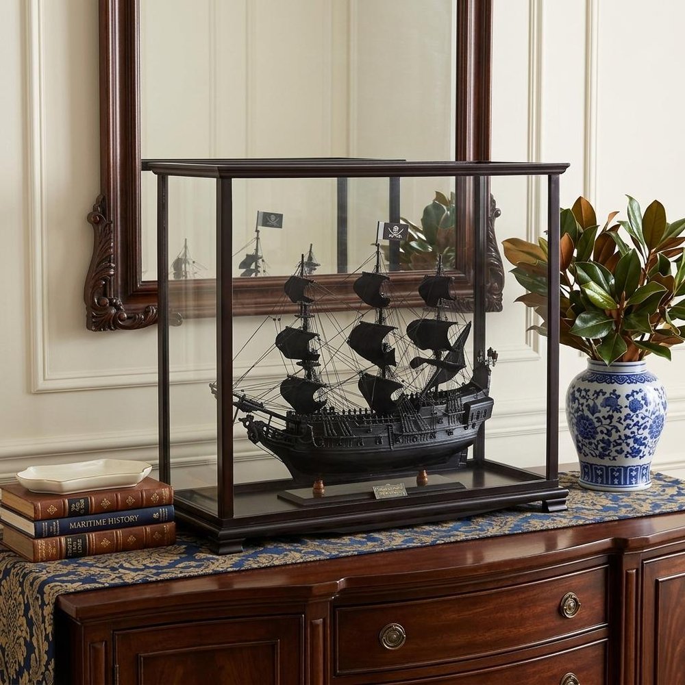 32" Black Solid Wood Hand Painted Black Pearl Pirate Medium Display Case Model Boat HomeRoots