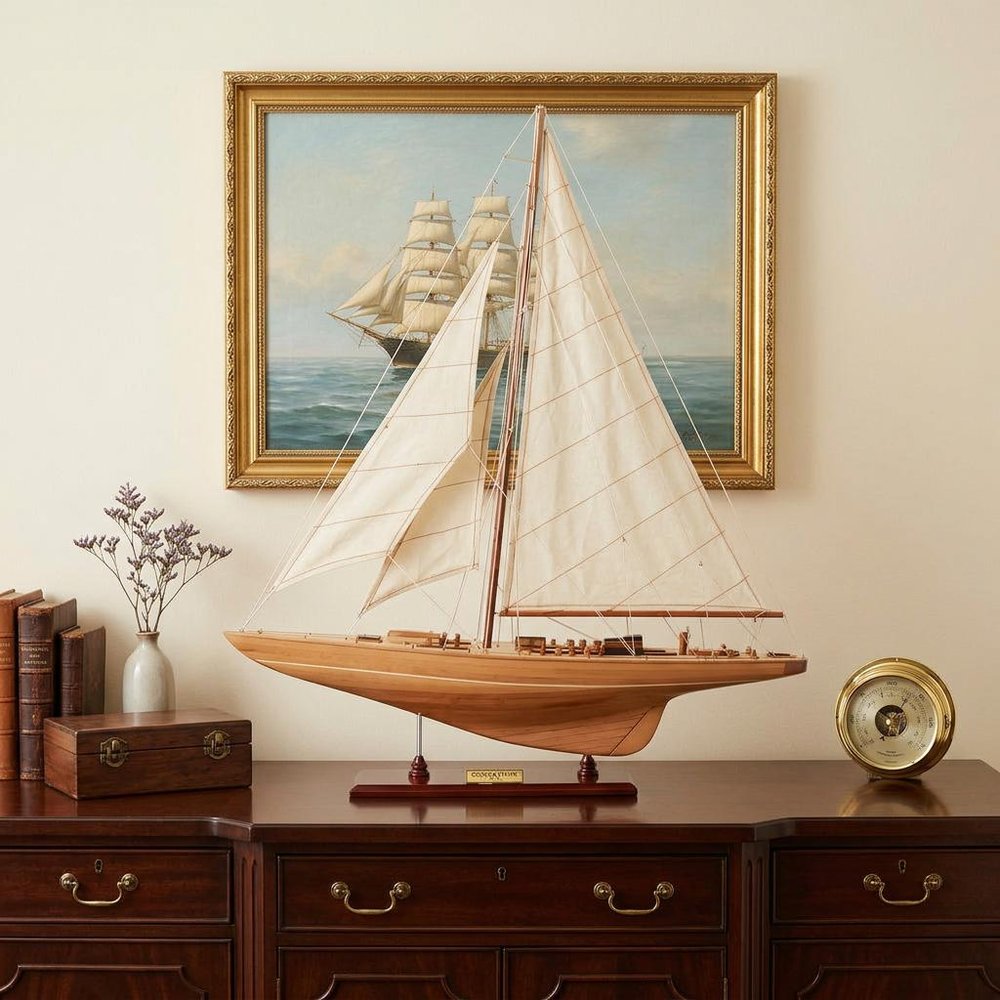 31" Wood Brown Endeavour Yacht Hand Painted Sculpture HomeRoots