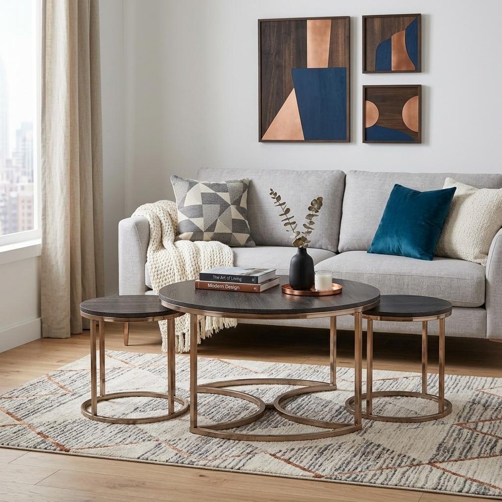 32" Champagne And Charcoal Manufactured Wood And Metal With Iron Round Coffee Table HomeRoots